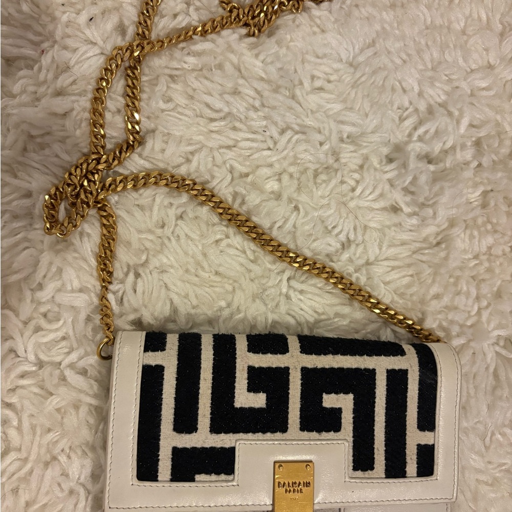 Balmain Geometric Black and White Crossbody Bag with Gold Chain